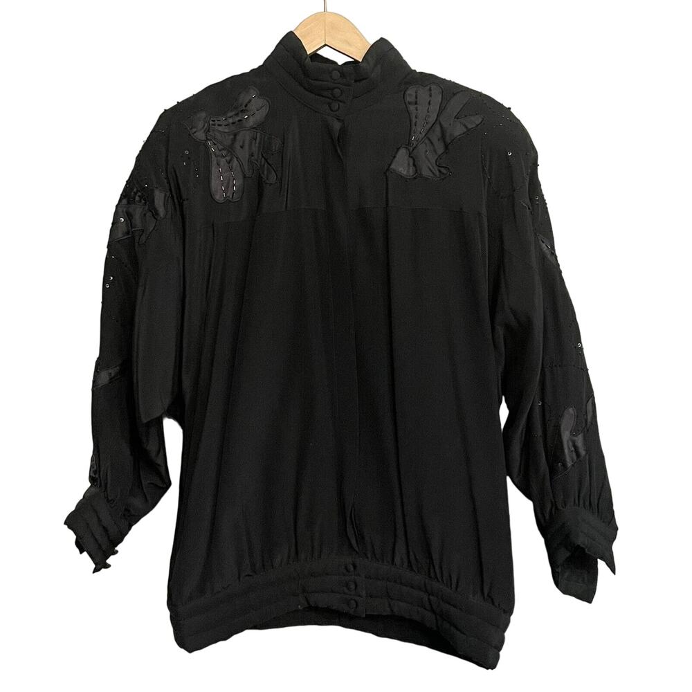 Gary Fabrikant Jacket Silk Shoulder pads Floral Embroidered‎ Button Up Womens S